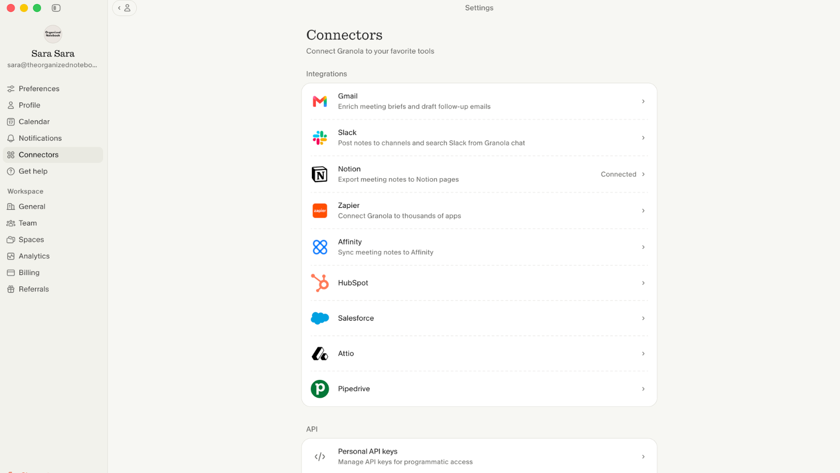 Granola integrations and connectors settings