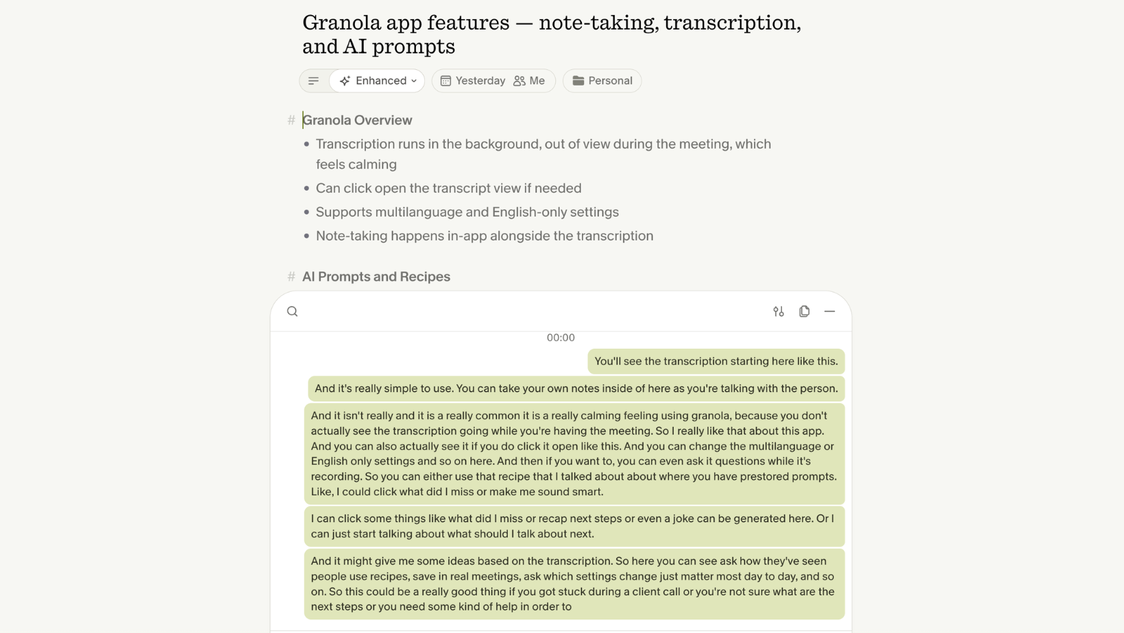 Granola transcription and notes view